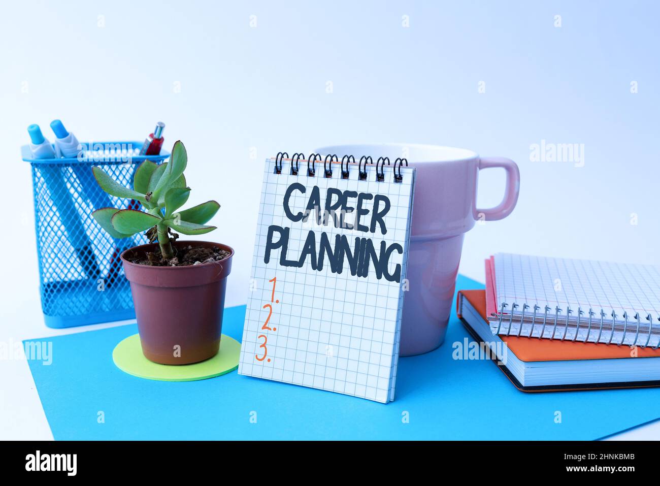 Conceptual display Career Planning. Concept meaning A list of goals and the actions you can take to achieve them Tidy Workspace Setup Writing Desk Tools And Equipment Taking Notes Stock Photo
