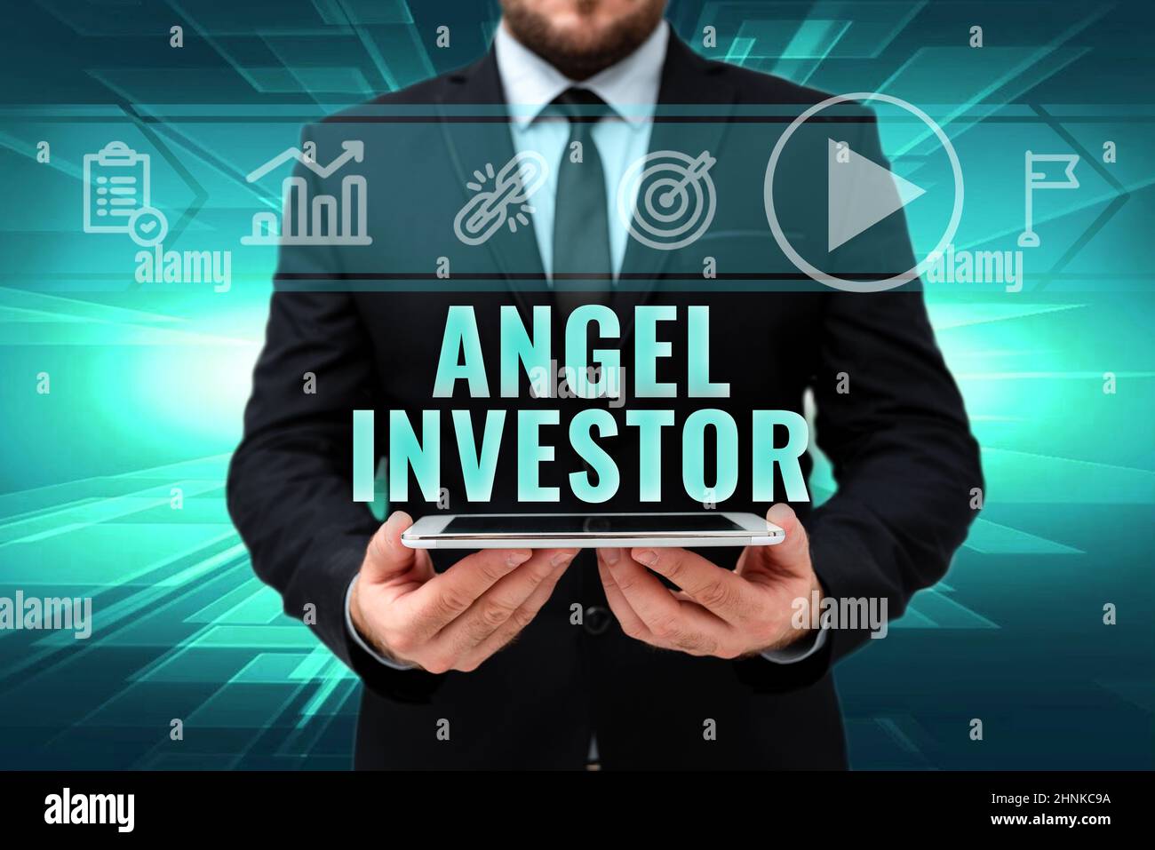 Sign displaying Angel Investor, Business approach high net worth individual who provides financial backing Man In Office Uniform Holding Tablet Displa Stock Photo