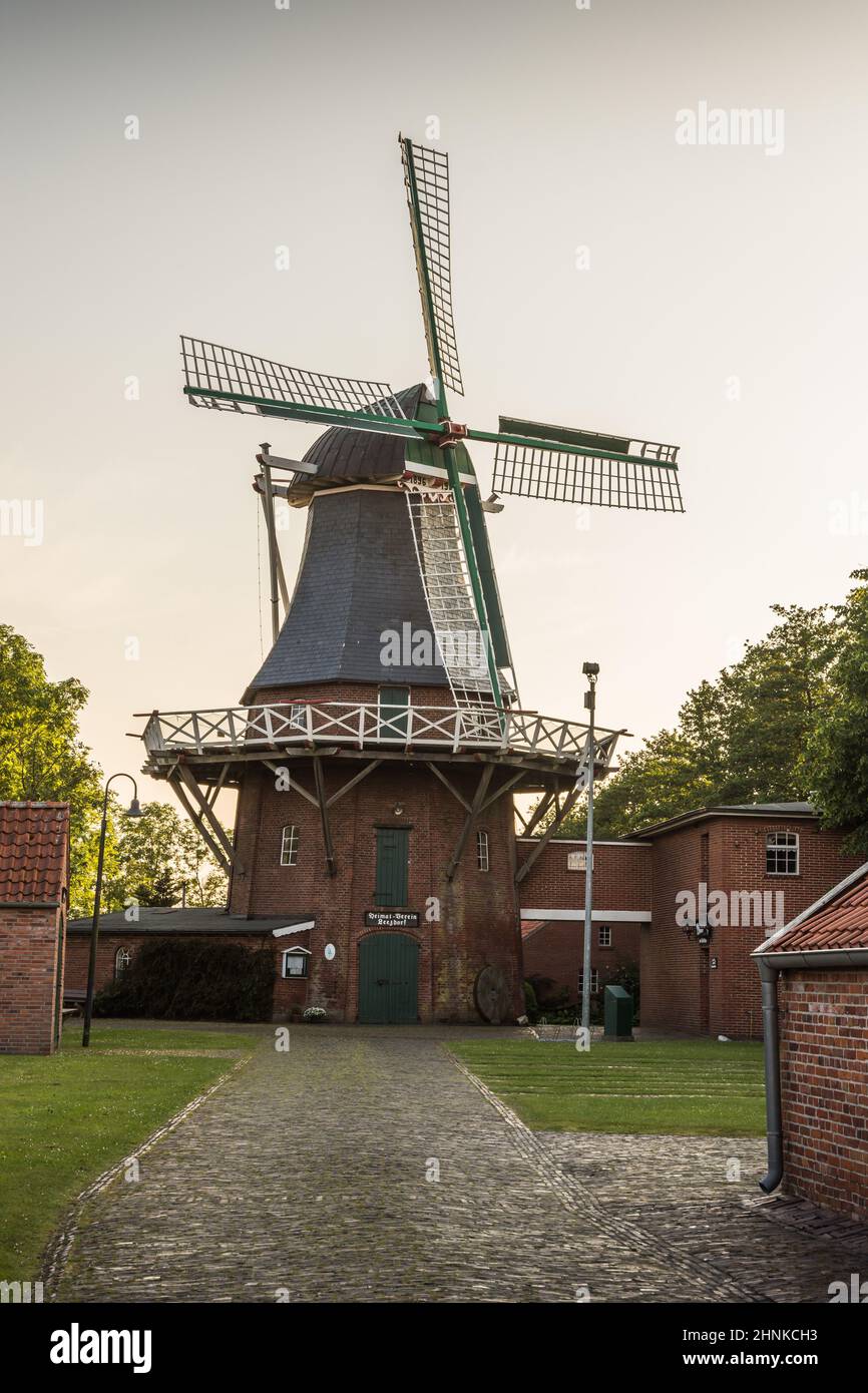Traditional Windmill against sky, Leezdorf, East Frisia, Lower Saxony, Germany Stock Photo