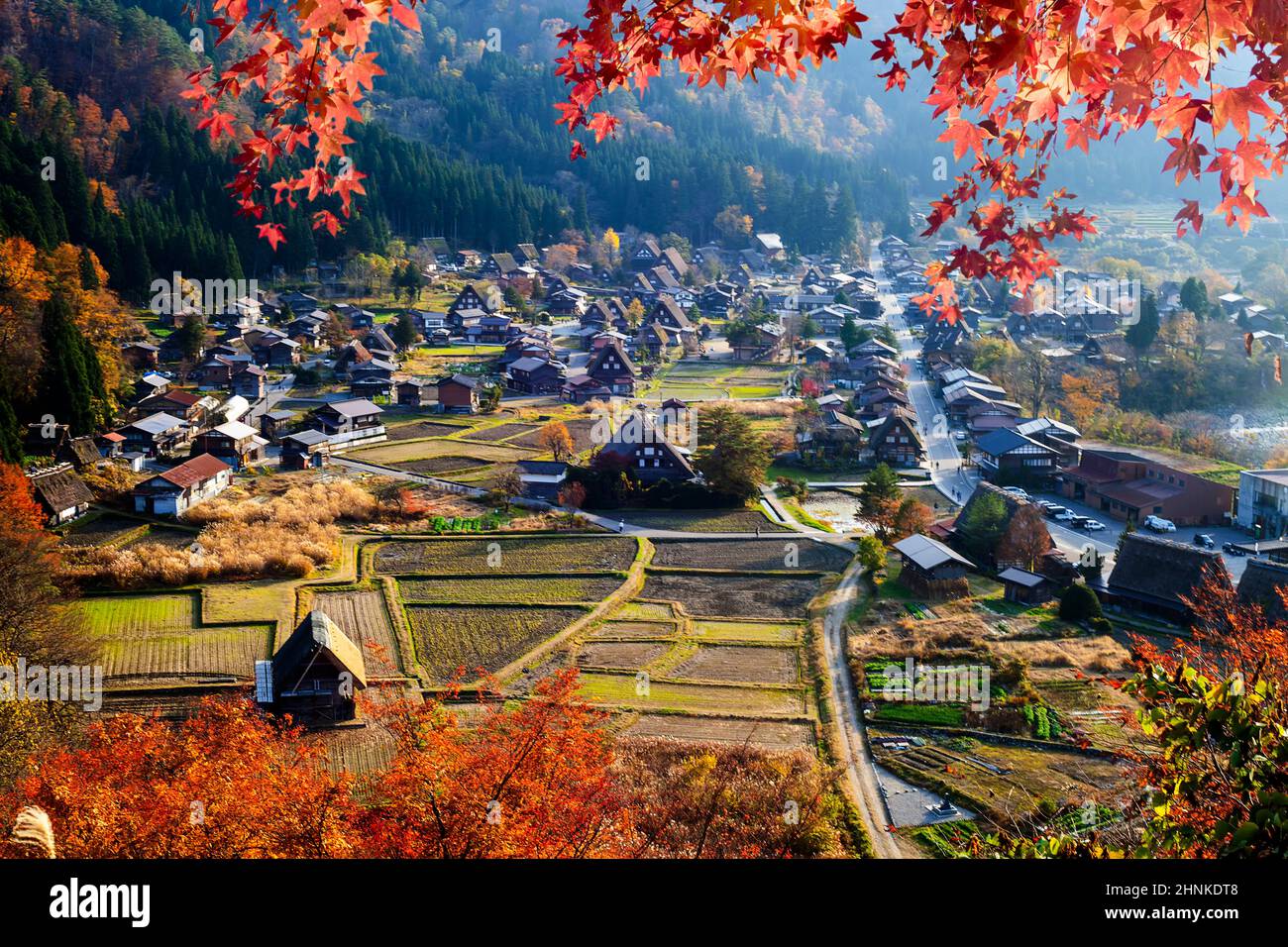 Gassho Village during maple season, Gassho Village, Japan Stock Photo