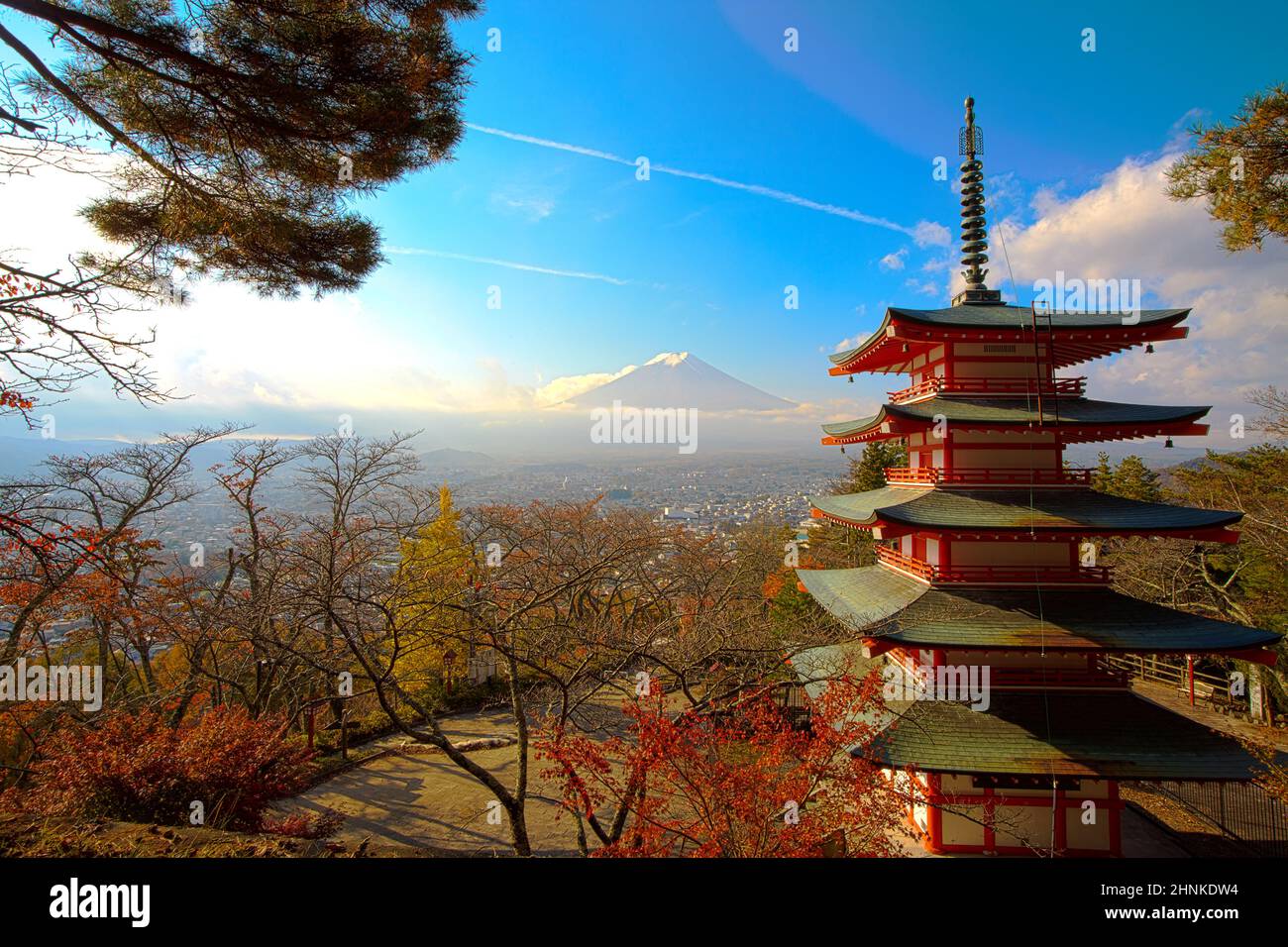 Beautiful Autumn scenery of Red pagoda Chureito the famous tourist attraction in fujinomiya town and Mount Fuji at sunset in Yamanashi prefecture, Japan Stock Photo