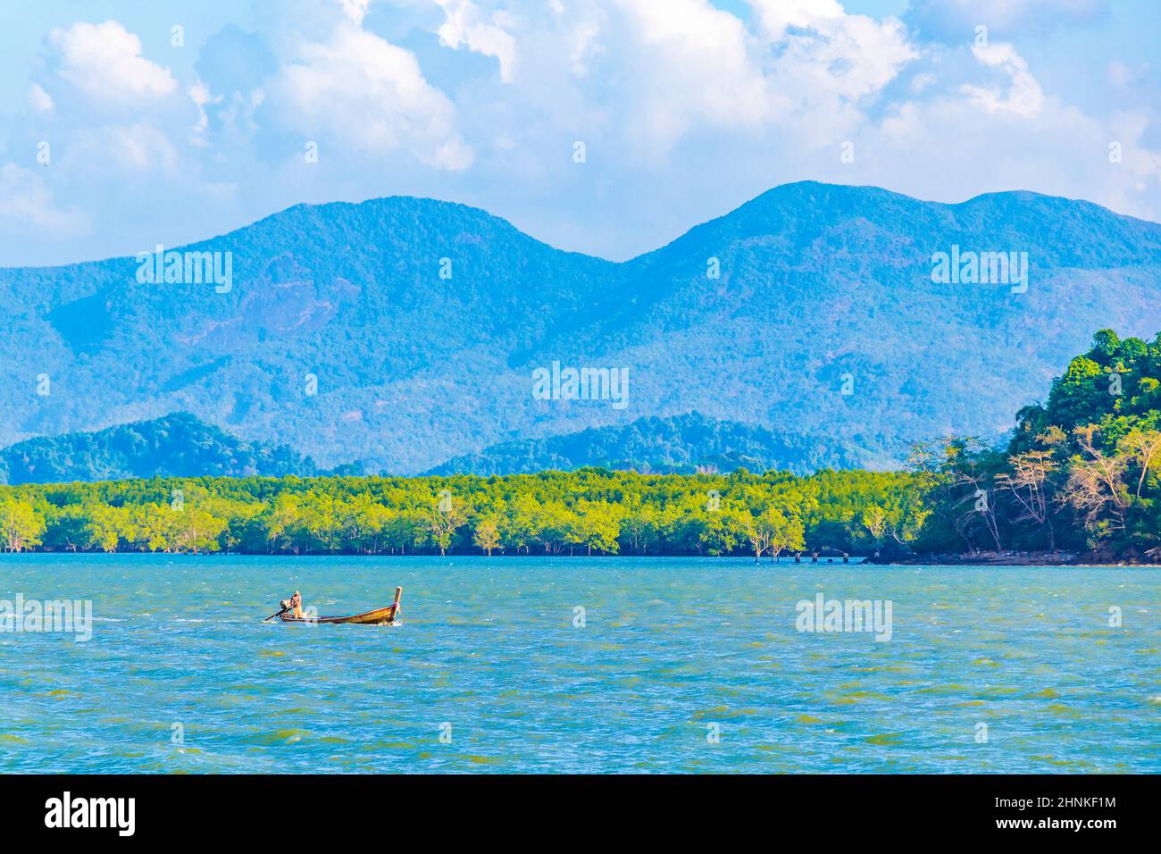 Long-tail boat tropical sea landscape panorama in Ranong Thailand. Stock Photo