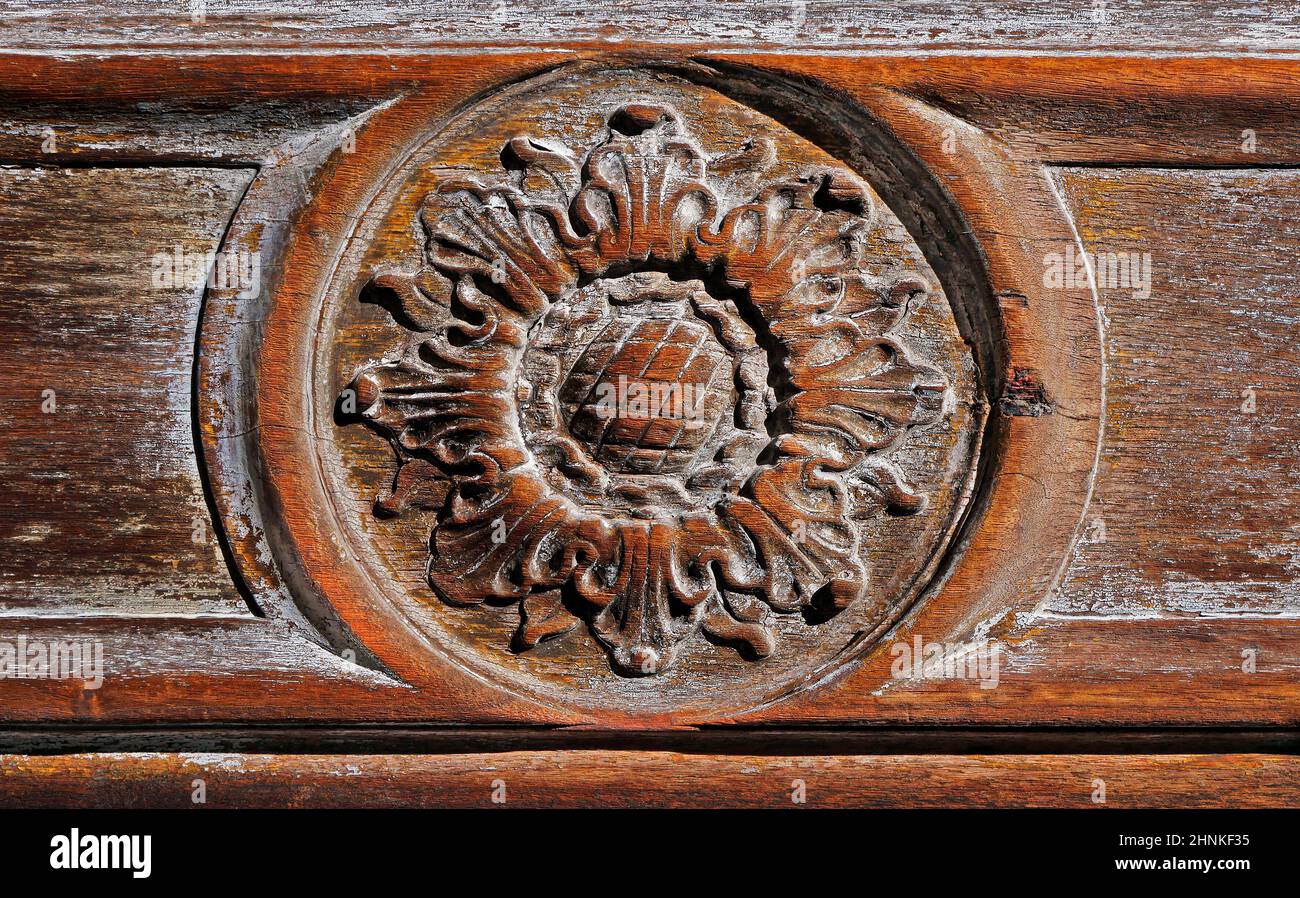 Carved wood, church door detail, Rio de Janeiro Stock Photo