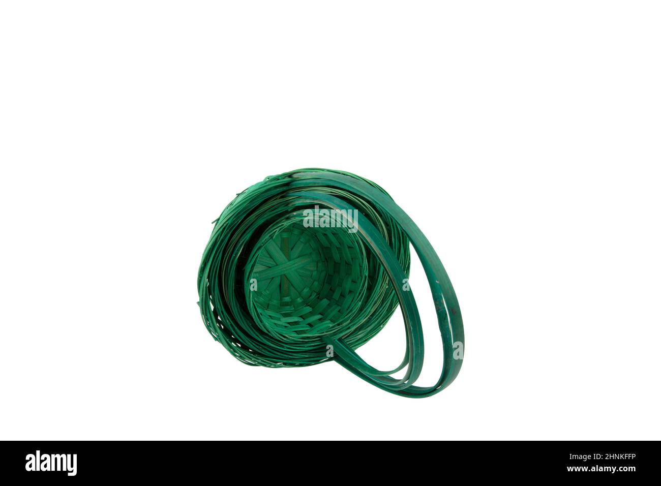 Stack of wicker straw osier handmade baskets different size and pattern