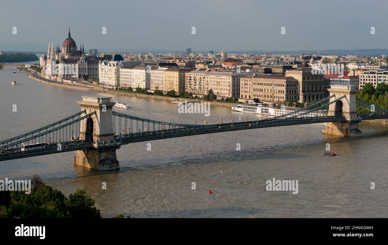 The szechenyi chain bridge on the danube, built at the end of the 19th ...