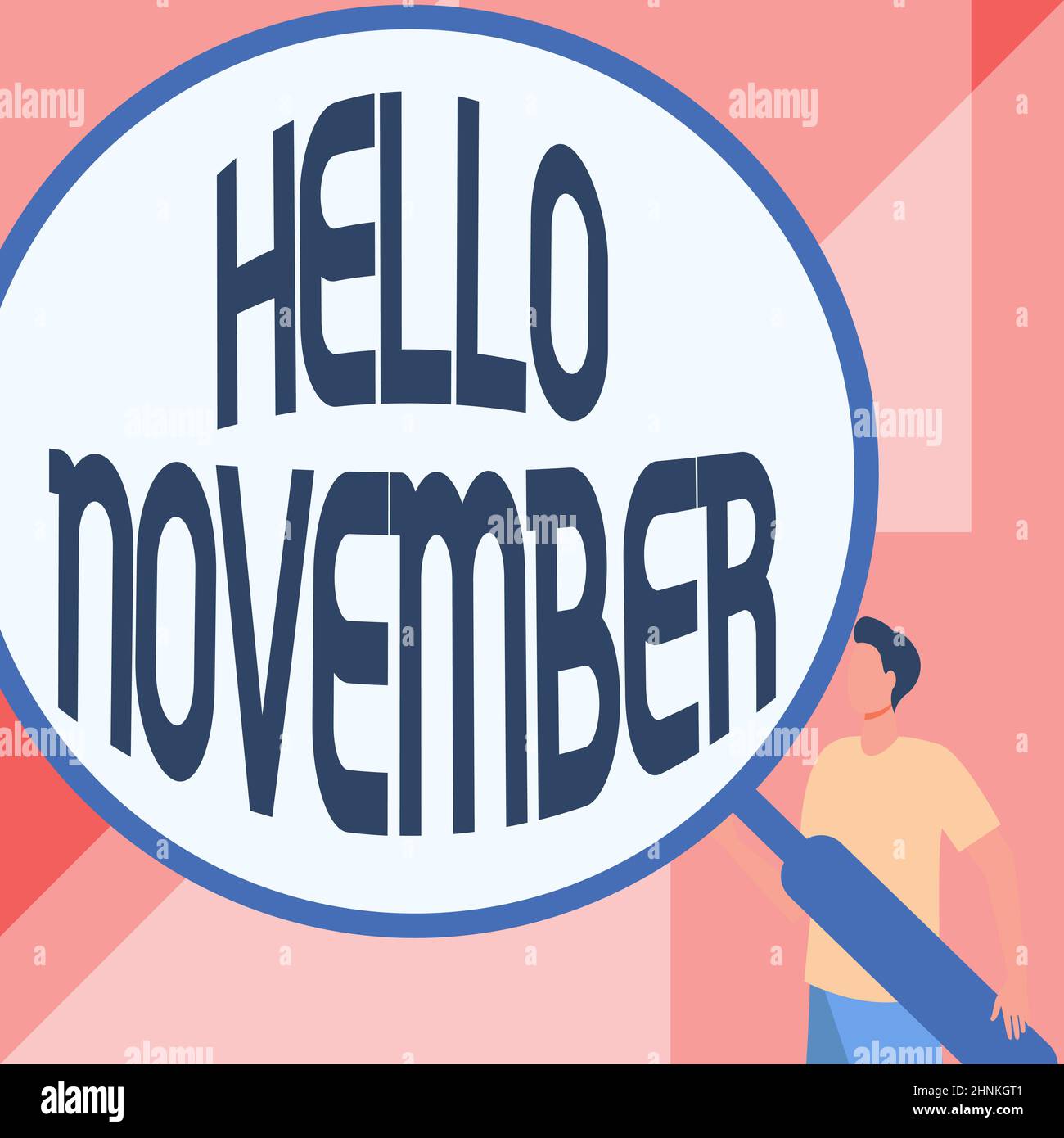 Writing displaying text Hello November. Business concept Welcome the eleventh month of the year Month before December Gentleman Drawing Standing Holding Large Magnifying Glass. Stock Photo