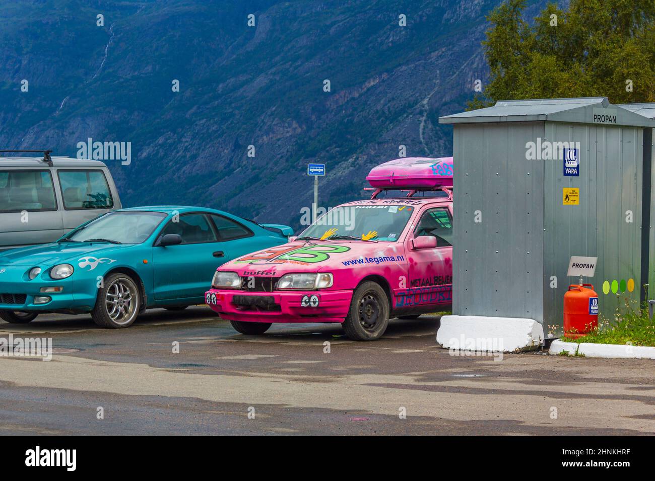 Pink tuned sports car auto exhibition car in Norway. Stock Photo