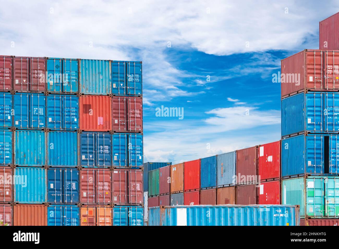 Container logistic. Cargo and shipping business. Container ship for import and export logistic. Container freight station. Logistic industry from port to port. Container at harbor. Sea freight concept Stock Photo