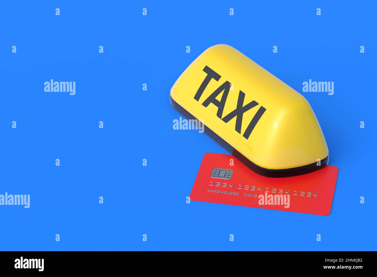 Yellow taxi sign near credit card. Payment for carrier services. Modern