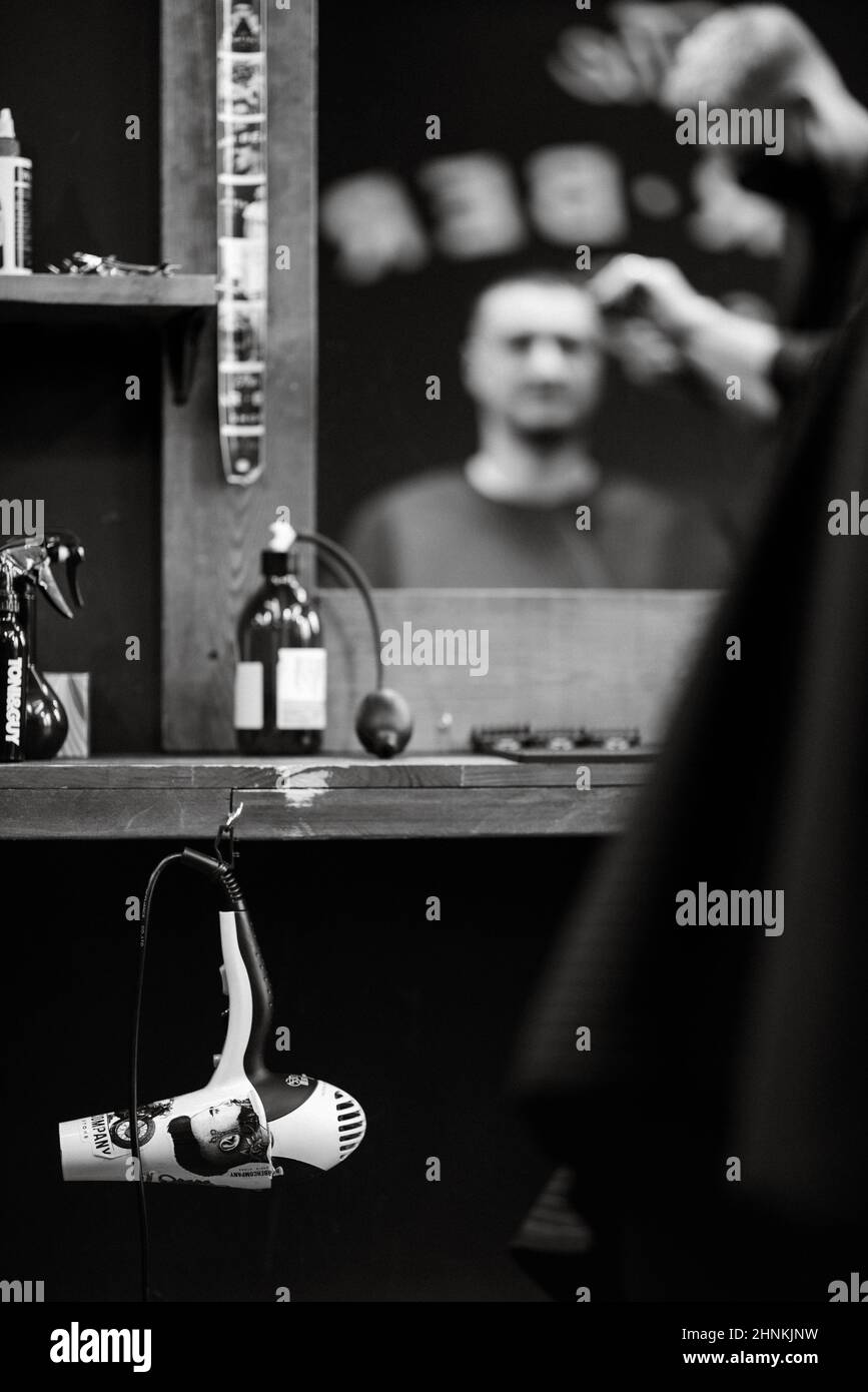 the tools of a Barber on the desktop Stock Photo