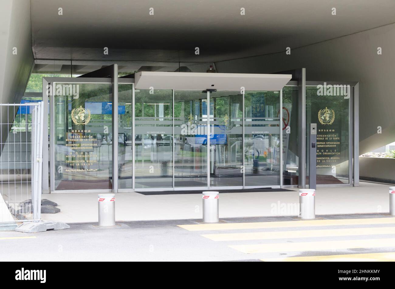 World Health Organization entrance glass in Geneva, Switzerland Stock Photo