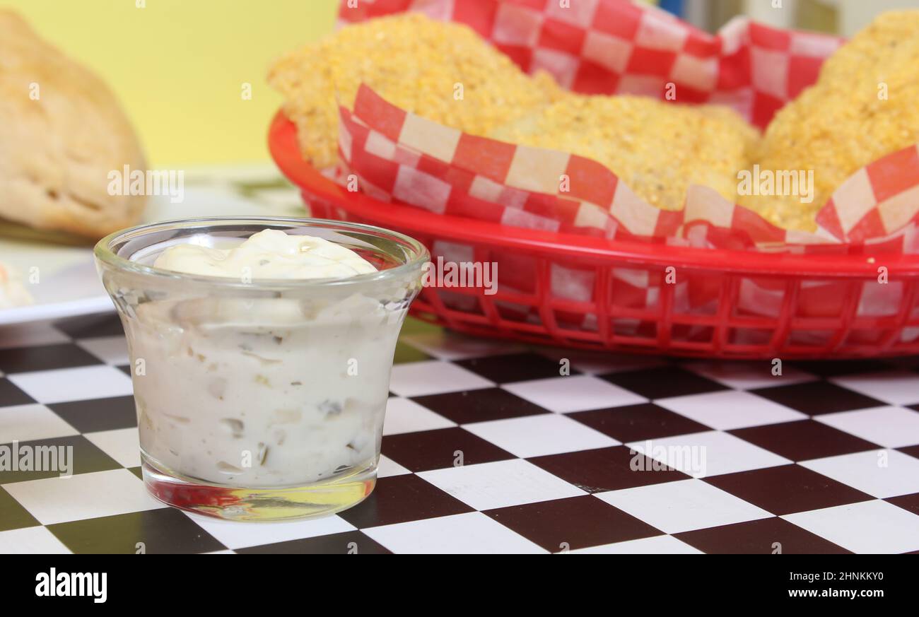 Fried Catfish With Tartar Sauce and French Fries Stock Photo Alamy