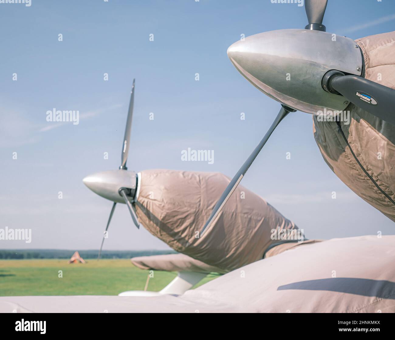 3 July 2021, Russia, Kemerovo, propellers of small parked airplane Stock Photo