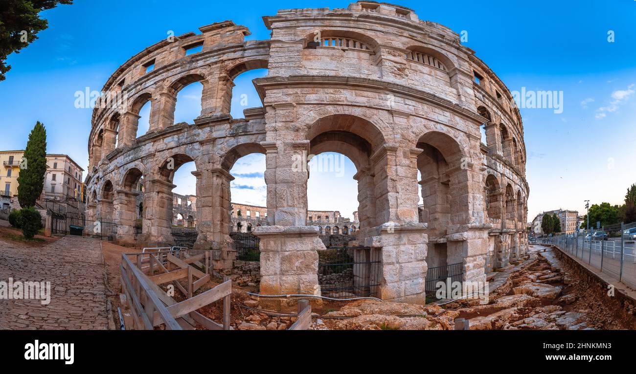 Arena Pula. Roman amphitheater in Pula historic ruins view Stock Photo