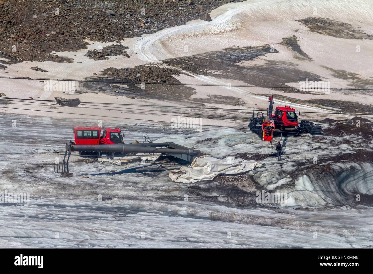 Gondola lift works at Stubai Glacier Stock Photo