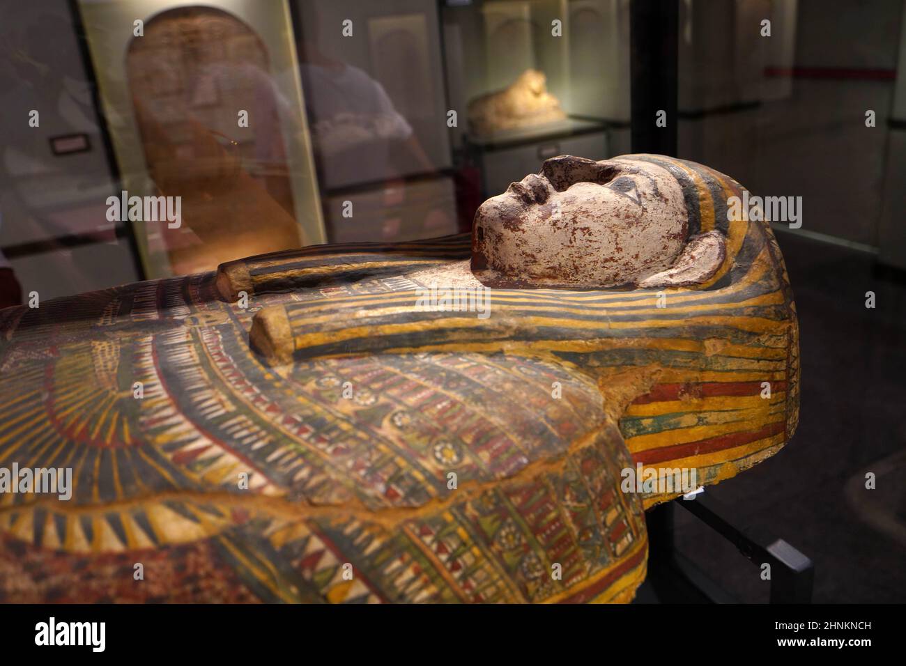 TURIN, ITALY - AUGUST 19, 2021: pharaoh sarcophagus wooden coffin and mummification during the Egyptian civilization, Egyptian Museum of Turin, Italy Stock Photo