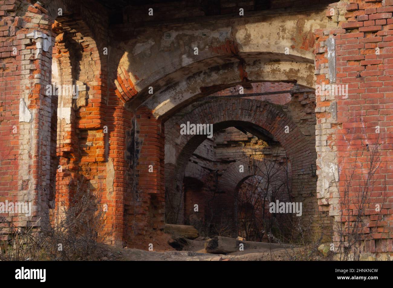 Old ruins. destroyed red brick walls of ancient building Stock Photo