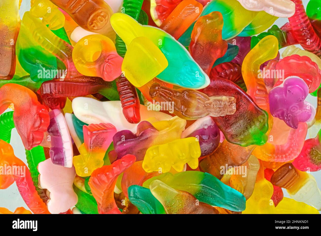 Assorted tasty gummy candies. Top view. Fruit gummy candies background Stock Photo