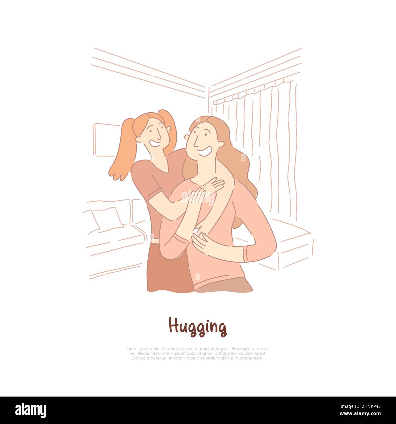 Sisters hugging, best friends, girlfriends spending time together, happy smiling mother and daughter banner template. Family relationship, friendship Stock Photo