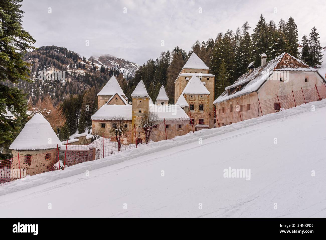 Winter view of Castel Gardena in Santa Cristina Valgardena, alpine village of the Dolomites Stock Photo