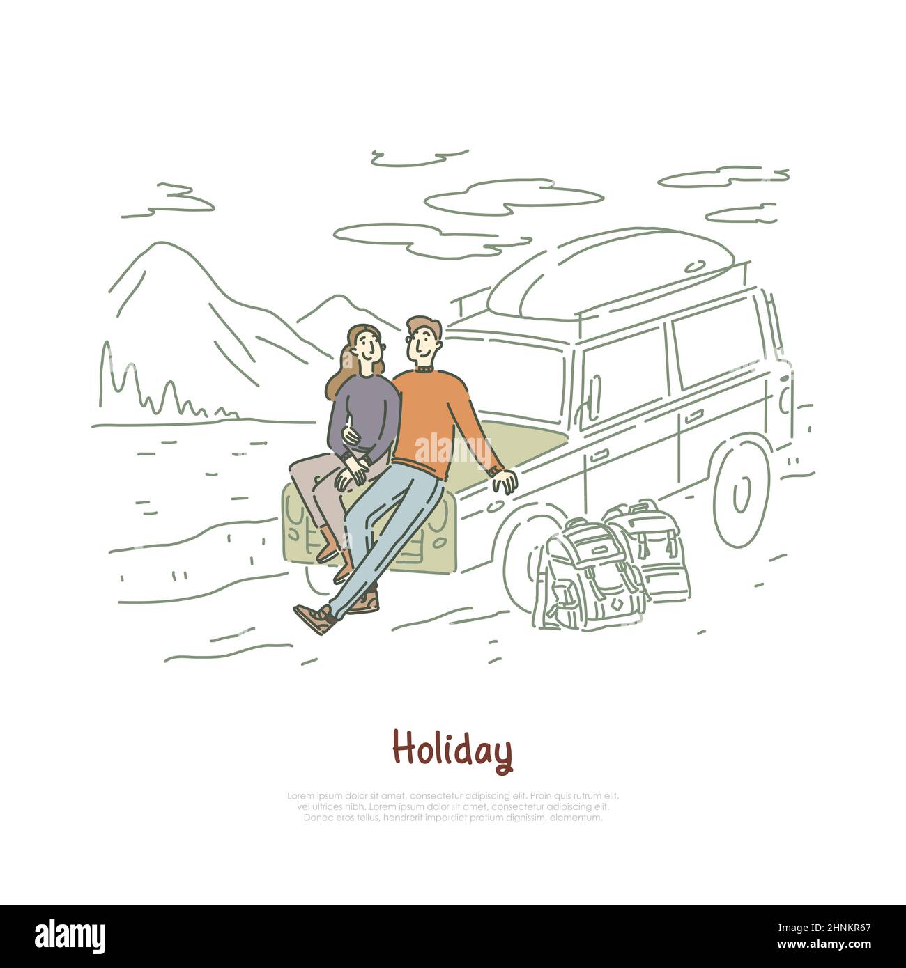 Road trip, couple in love on holiday, honeymoon vacation, backpackers, boyfriend and girlfriend sitting on hood banner. Trekking, hiking, journey conc Stock Photo
