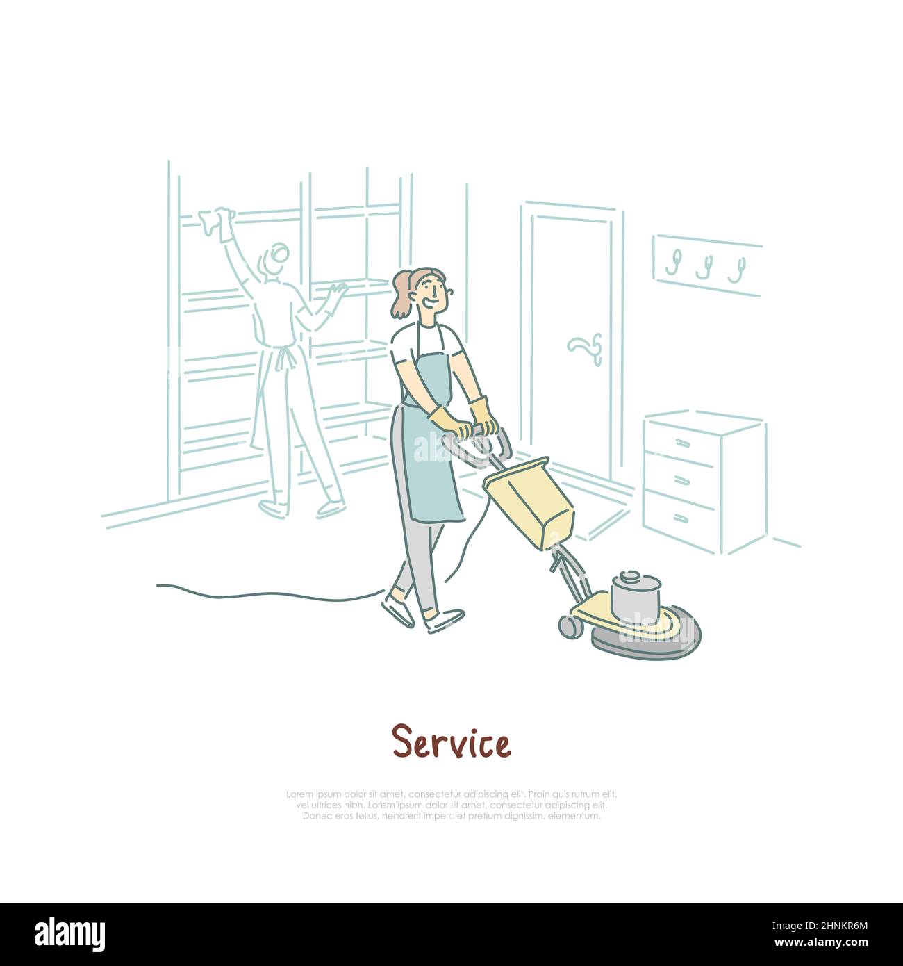 Housekeeping service, female housekeeper cleaning hotel room, apartment, housewife using vacuum