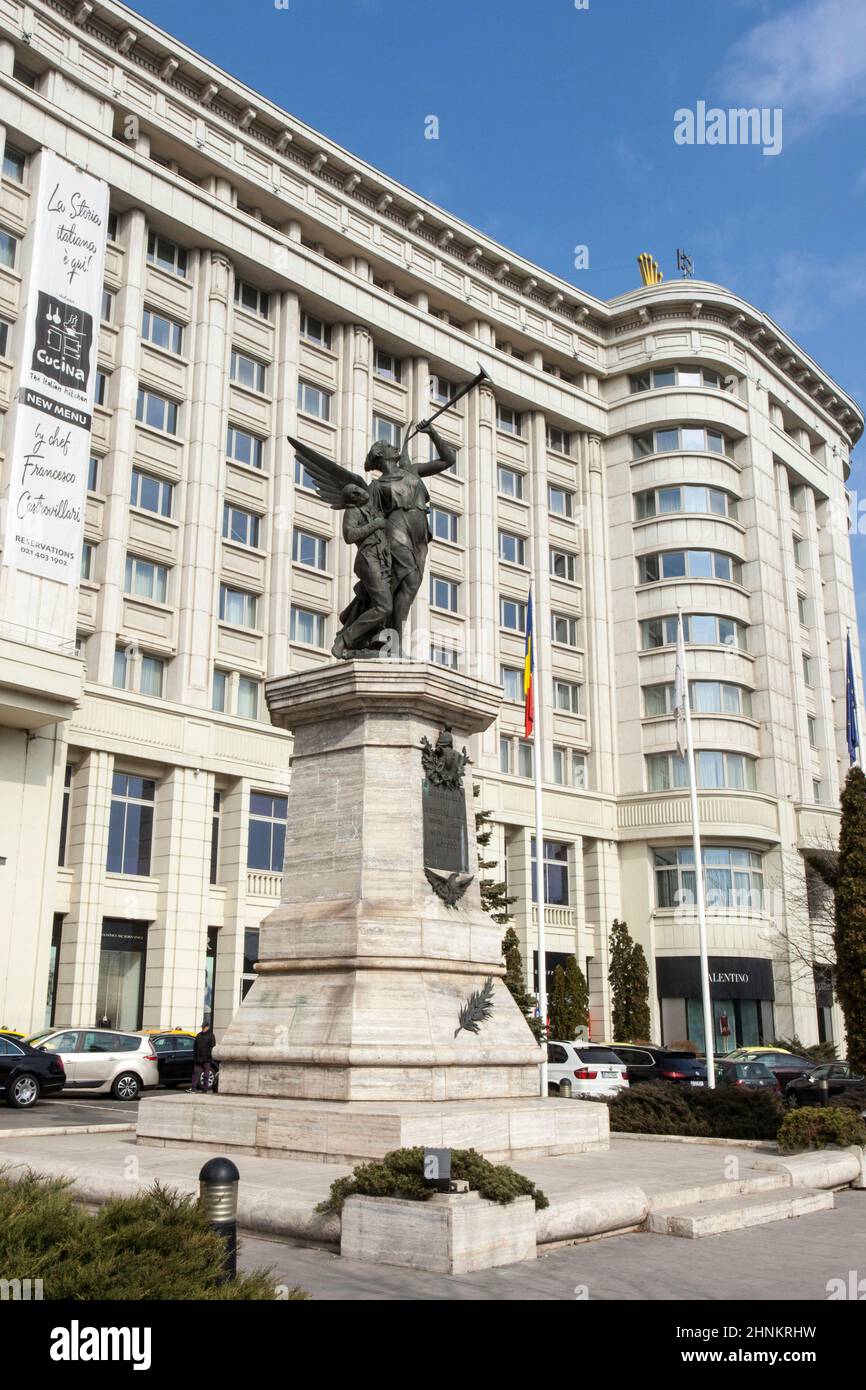 A memorial to the Firemen Division of Bucharest, in front of the Marriott Hotel, Romania Stock Photo