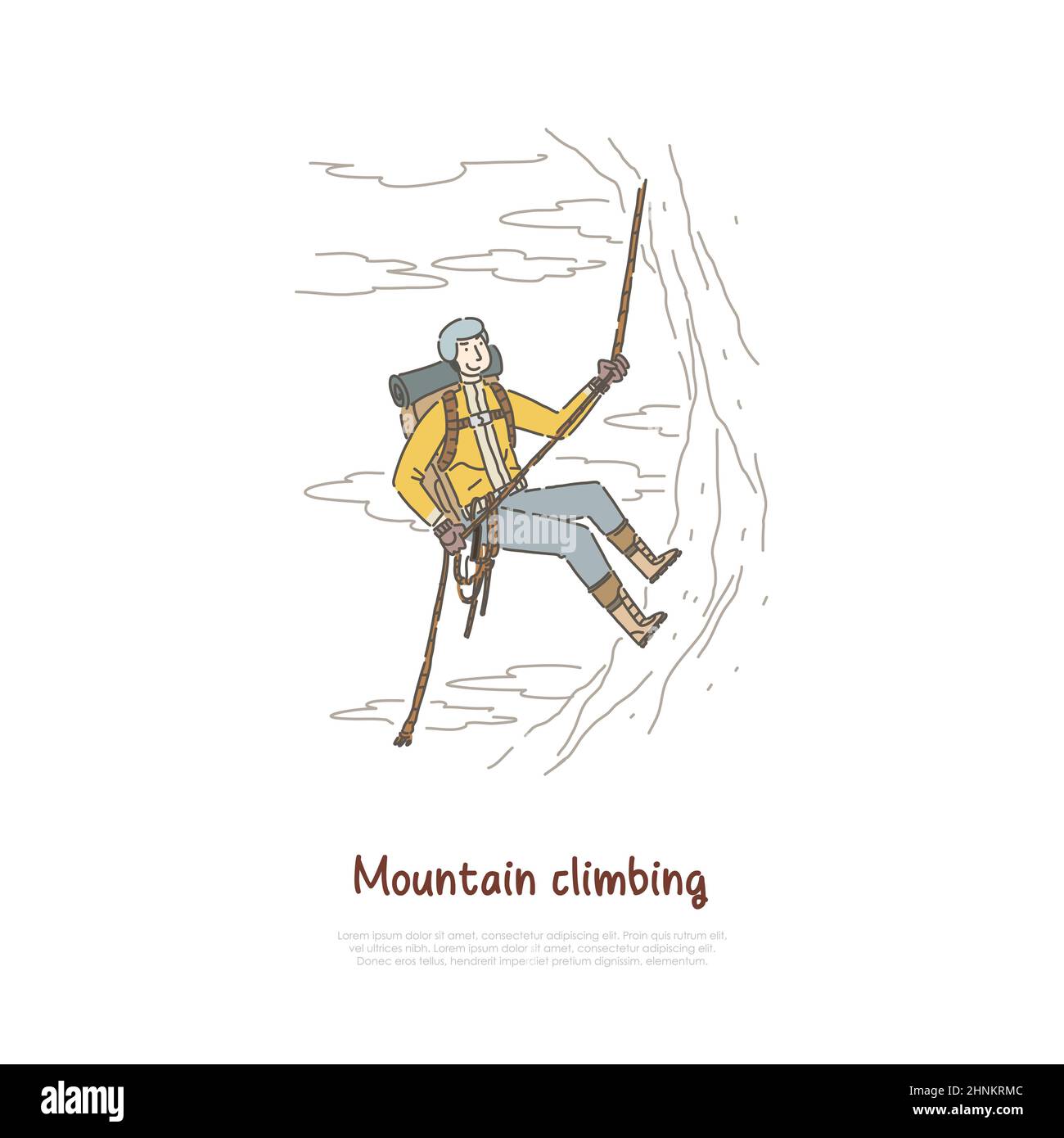 Mountain climbing, extreme sport, active holiday vacation, tourist hiking using mountaineering