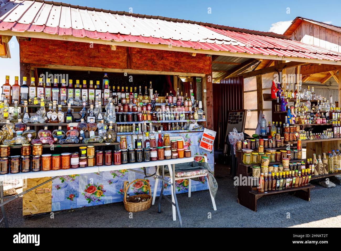 Small stores at the transalpine road in the Carpathian Mountains of romania Stock Photo