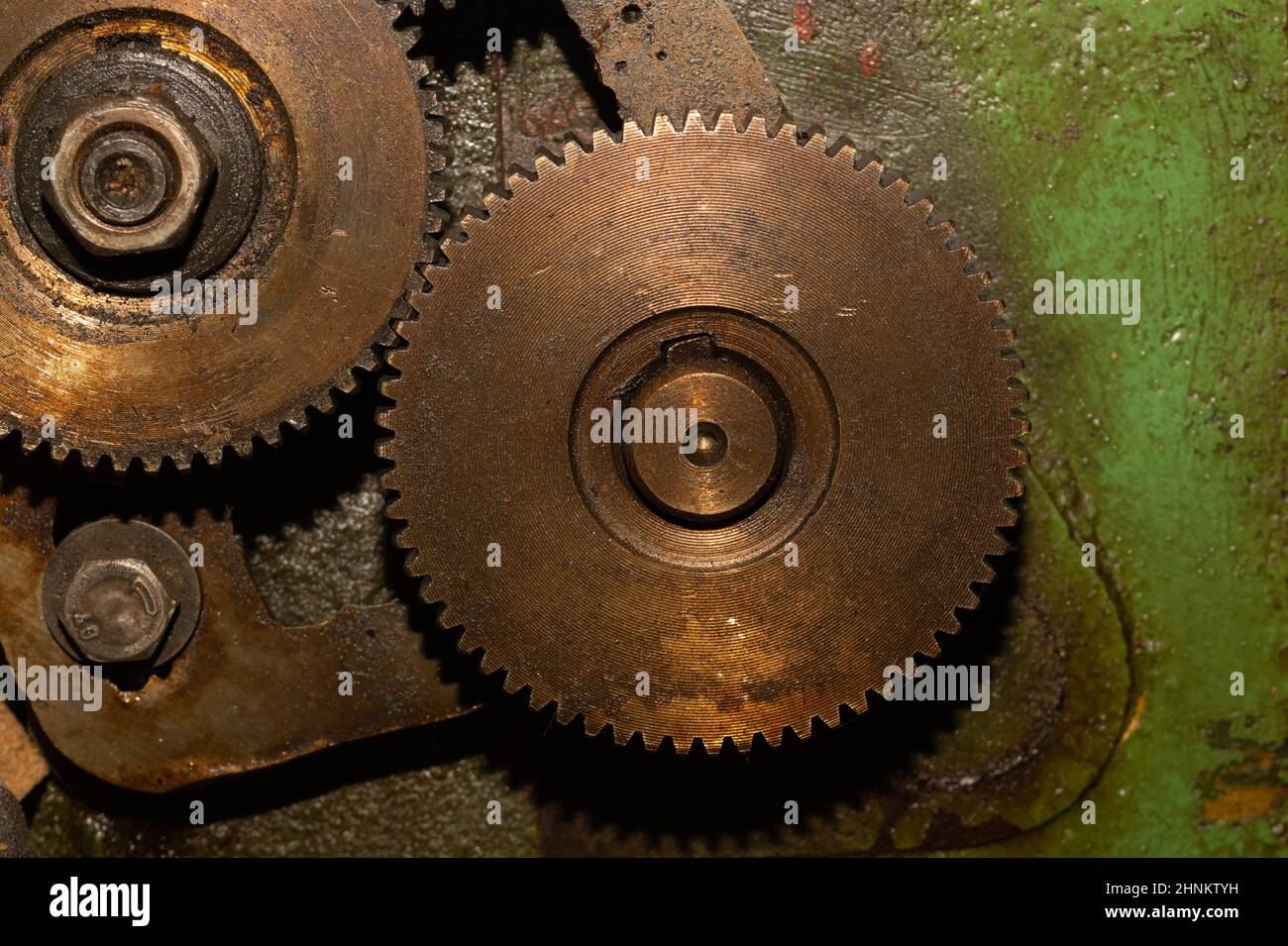 Gears of industrial machine. detail of mechanism. old cogwheels of machinery Stock Photo