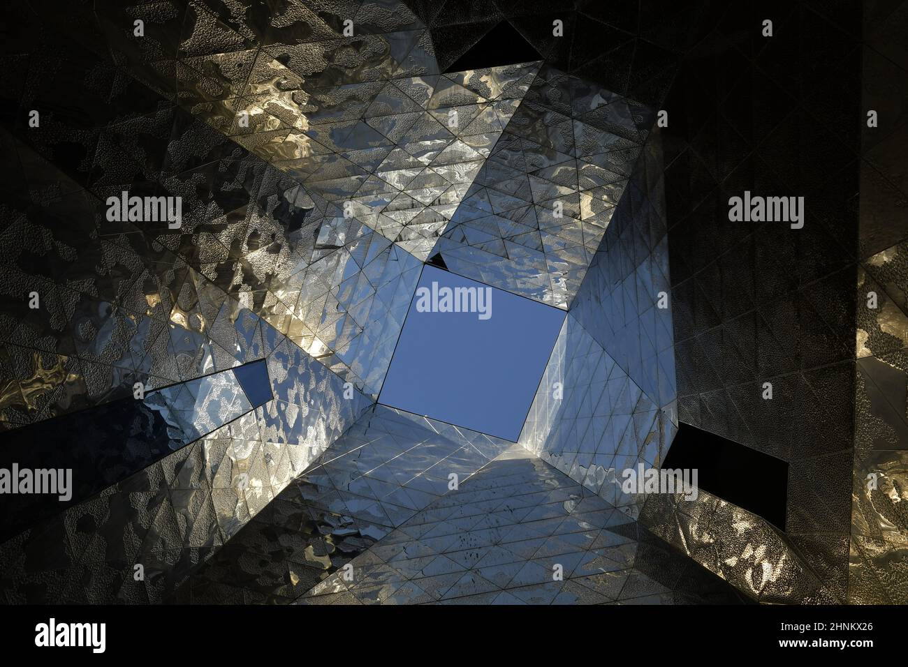 Museu Blau - modern canopy structure with reflective metal cladding, Designed by Herzog and de Meuron architects in Barcelona Spain. Stock Photo