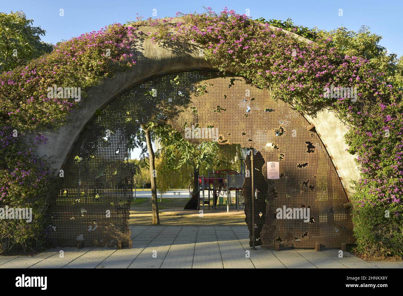 Floral iron gate, entrance into Poblenou Central Park in Sant Marti
