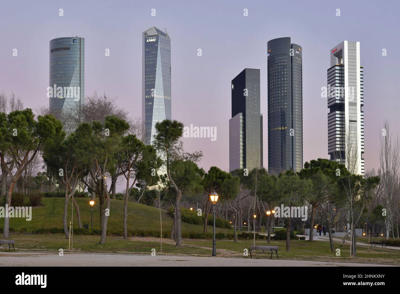 Cuatro Torres  - Four towers business area, modern skyscrapers viewed from Parque Norte urban parkland in Madrid Spain. Stock Photo
