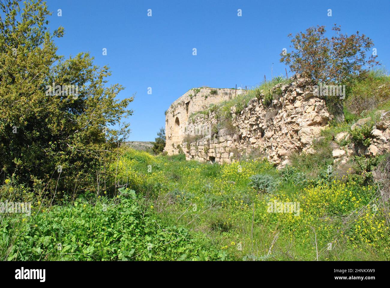 The ruins of crusader Fortress Chateau Neuf - Metsudat Hunin is located at the entrance to the Israeli Margaliot village in the Upper Galilee in northern Israel Stock Photo