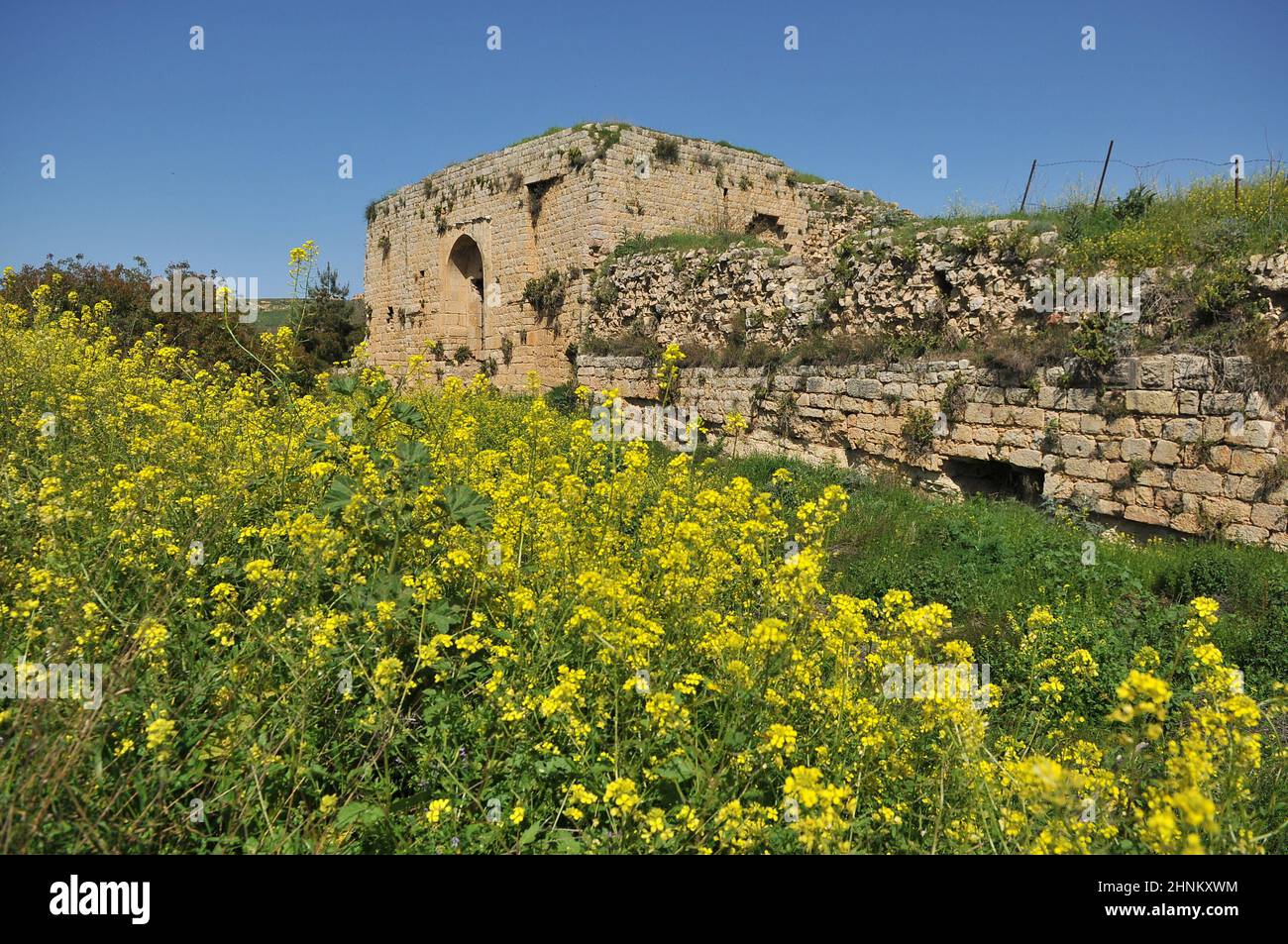 The ruins of crusader Fortress Chateau Neuf - Metsudat Hunin is located at the entrance to the Israeli Margaliot village in the Upper Galilee in northern Israel Stock Photo