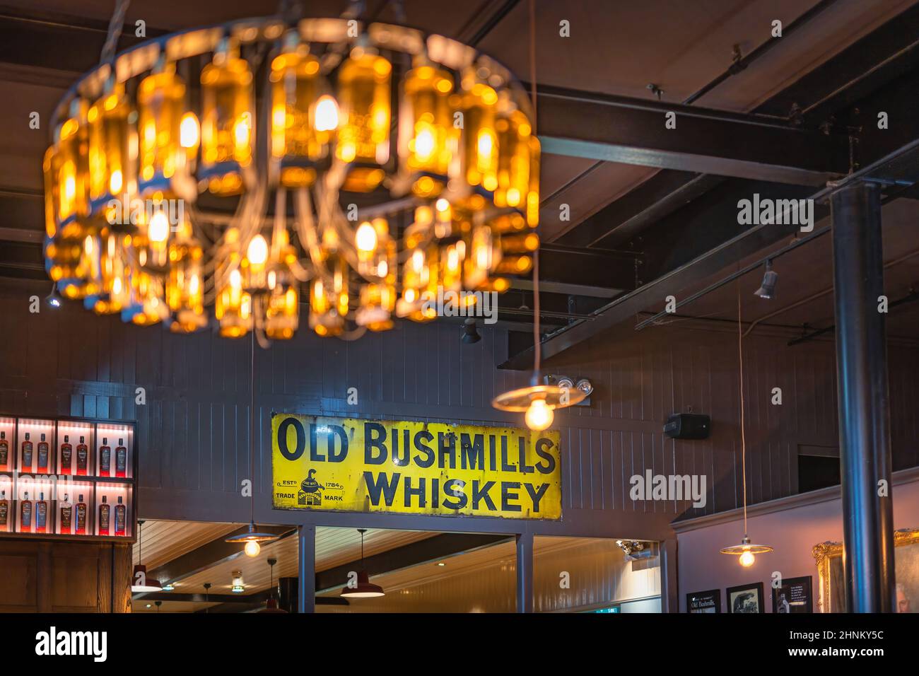 Old Bushmills Whiskey sign in distillery visitor centre, bar and shop Stock Photo