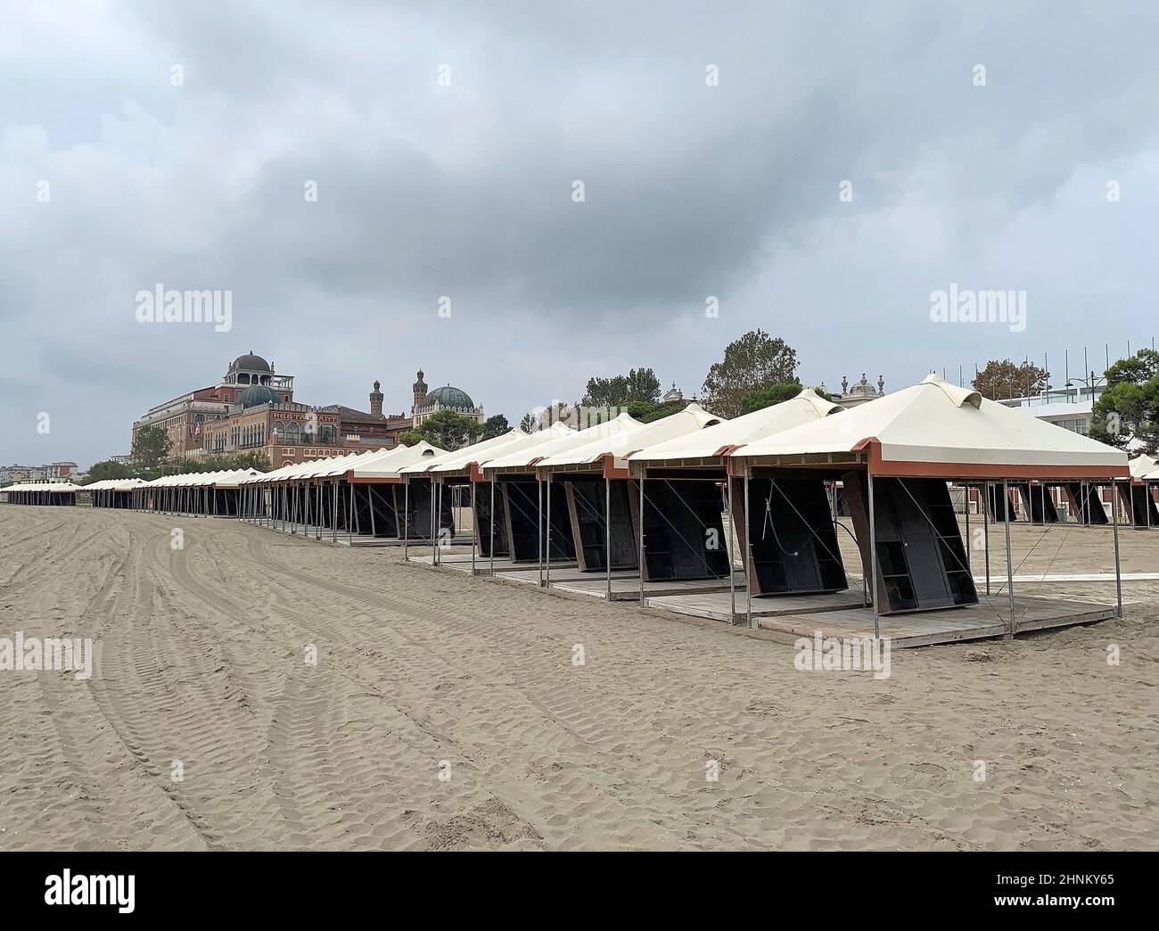 Huts at the Lido or Venice Lido, an island in the Venetian Lagoon, Italy Stock Photo