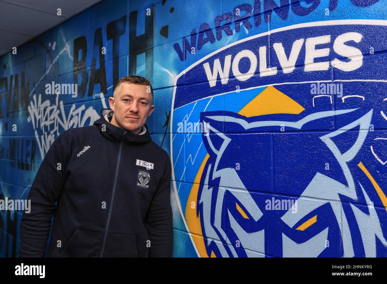 Josh Charnley #2 of Warrington Wolves arrives at the Halliwell Jones Stadium Stock Photo