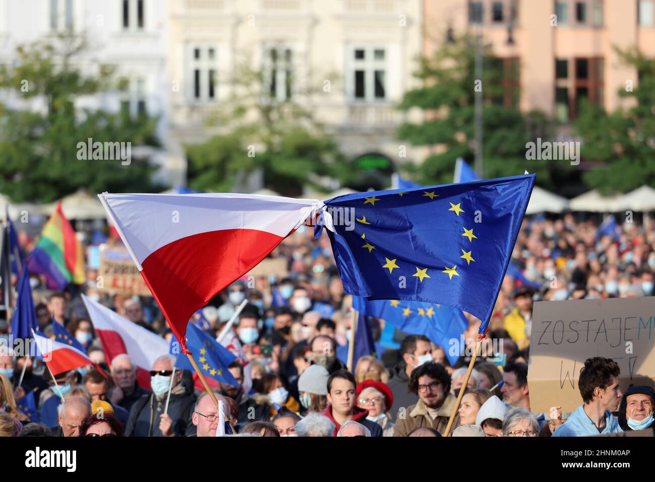 Cracow  Poland - We stay  the government leaves! People protest against the verdict of the Constitutional Tribunal. Stock Photo