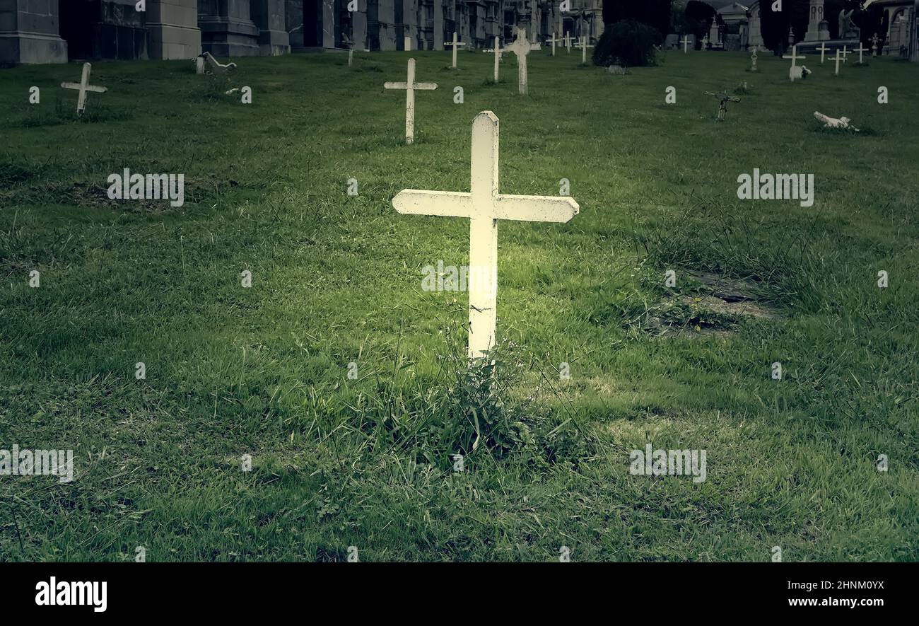 Old white cross in cemetery Stock Photo