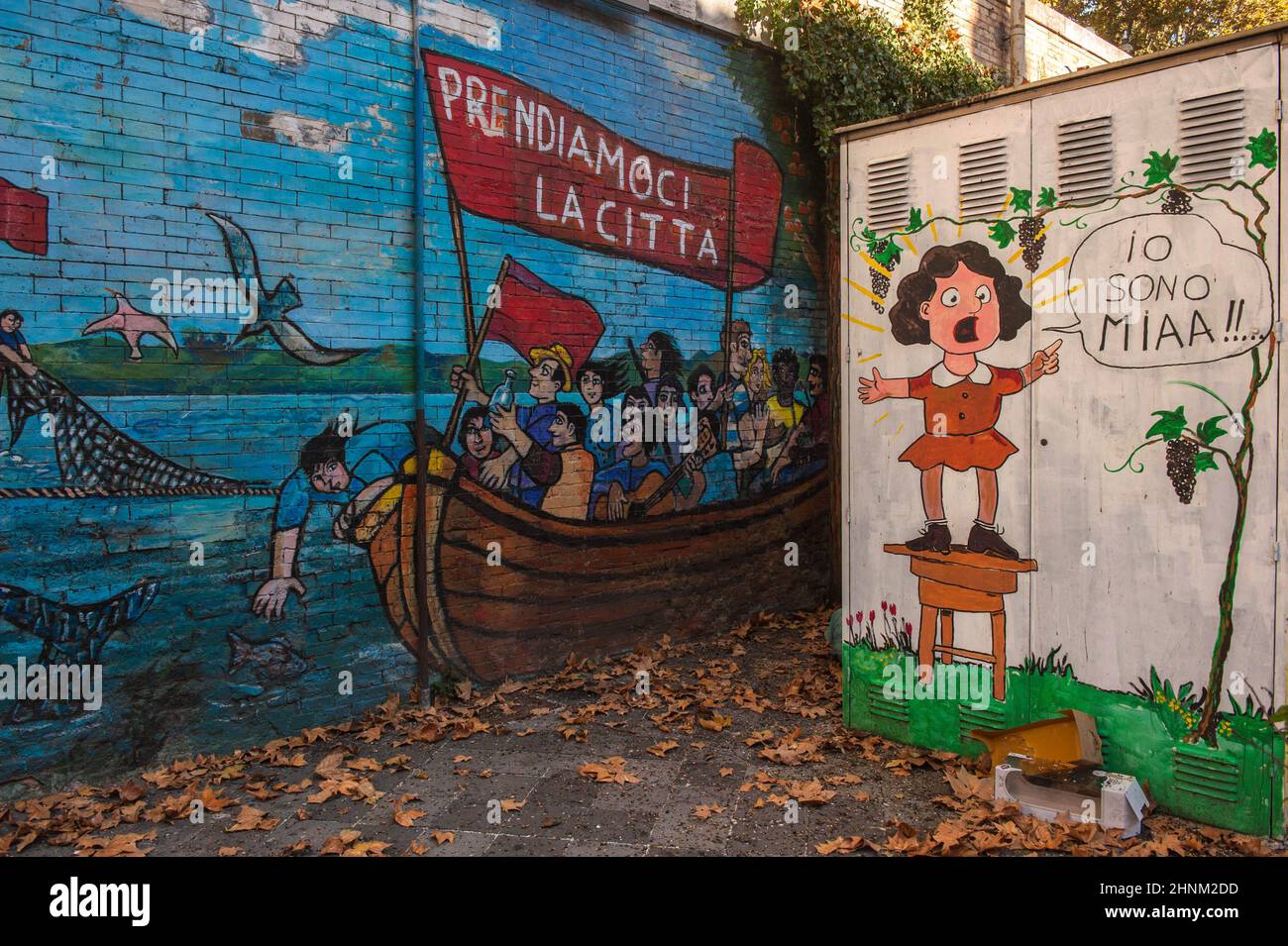 Rome, Italy 09/11/2015: Murals painted in 2013 in memory of the 1970s occupations in Via Tor di Nona. © Andrea Sabbadini Stock Photo