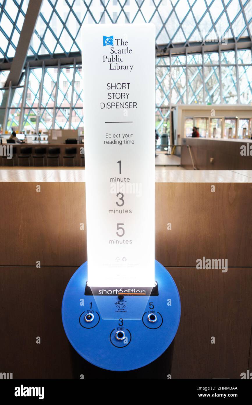 A short story dispenser, at the Seattle Public Library, Central Library Location, in Seattle, Washington. Stock Photo