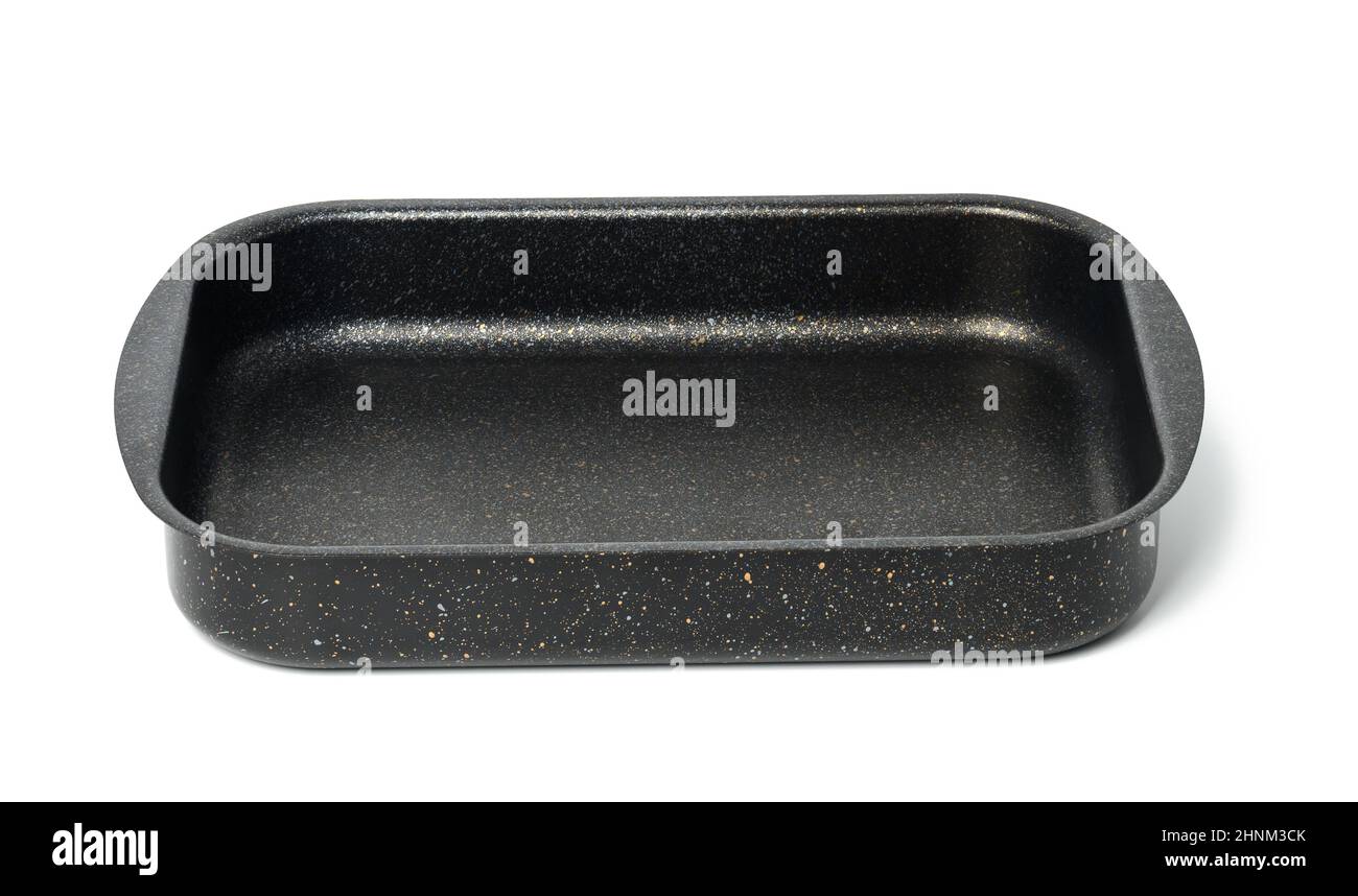 empty black rectangular non-stick oven tray isolated on white background, top view Stock Photo