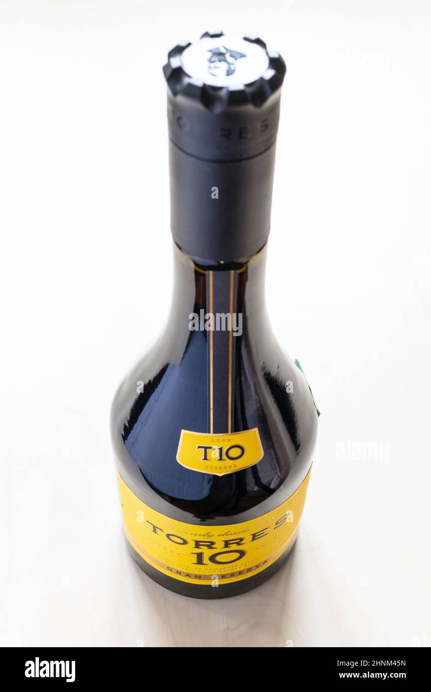 closed bottle with TORRES Gran Reserva 10 brandy Stock Photo Alamy