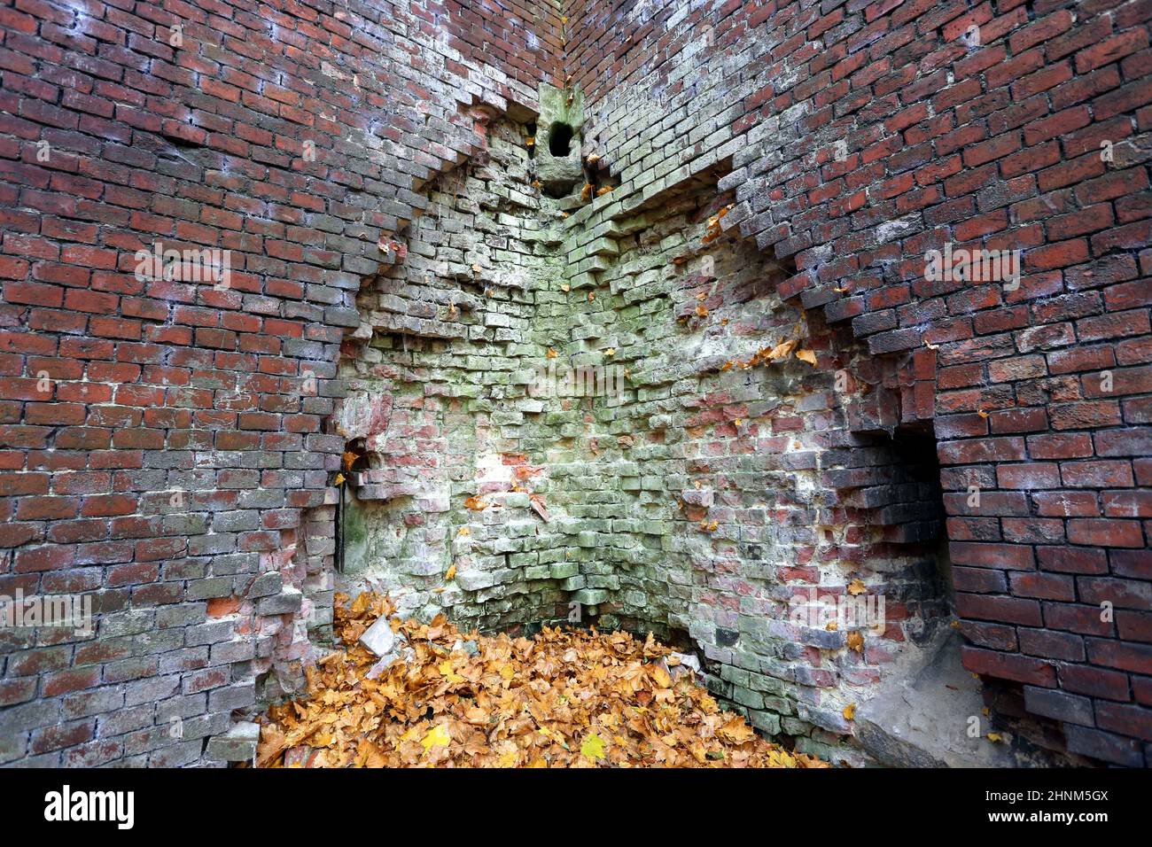 Cracow. Krakow. Poland. Multi-layeredi brickwork wall structure visible in damaged wall. Bastion III 'Kleparz', standard reduit fort, part of the 'Twi Stock Photo