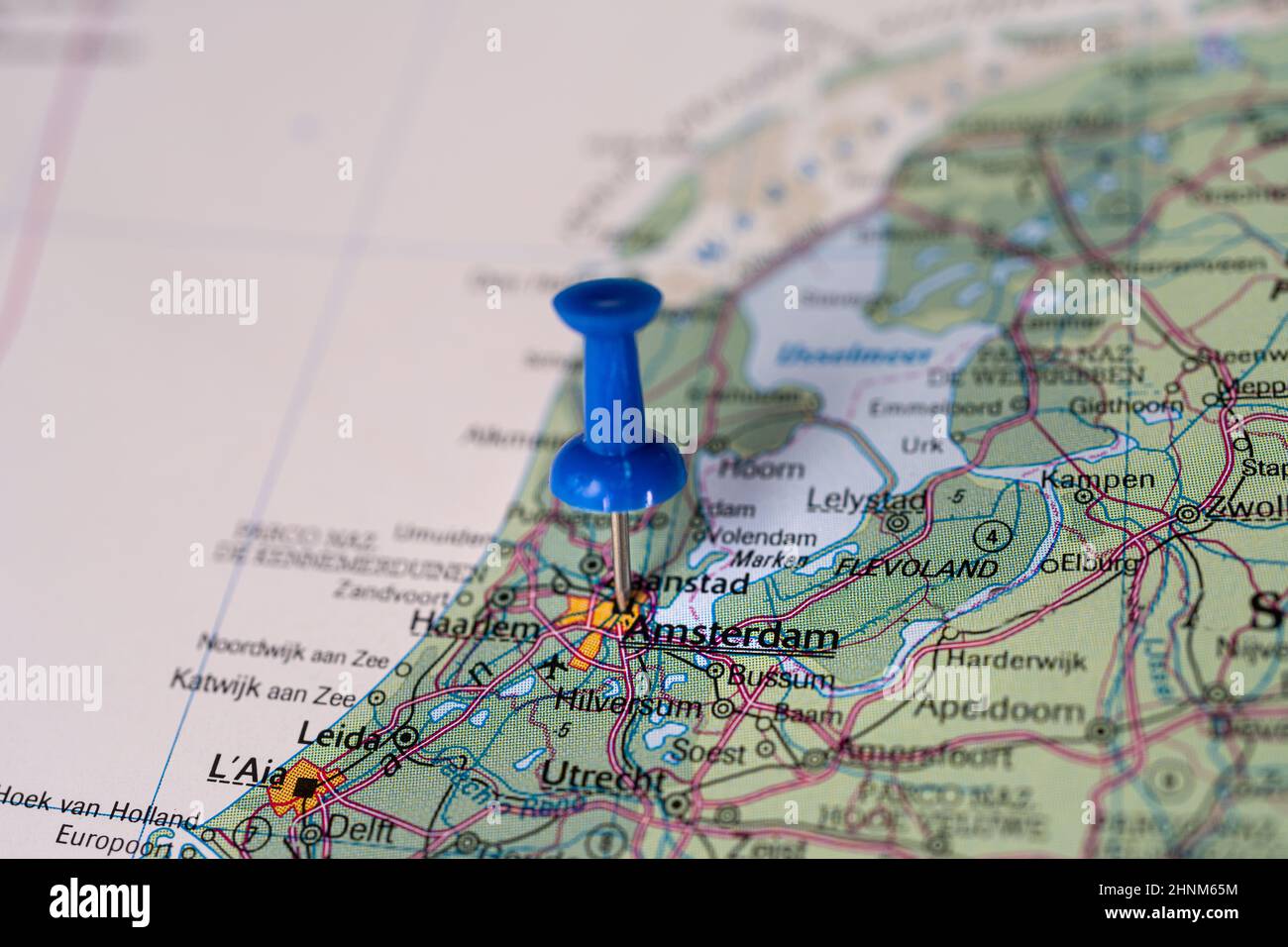 A pin on Amsterdam  in a city map. Stock Photo