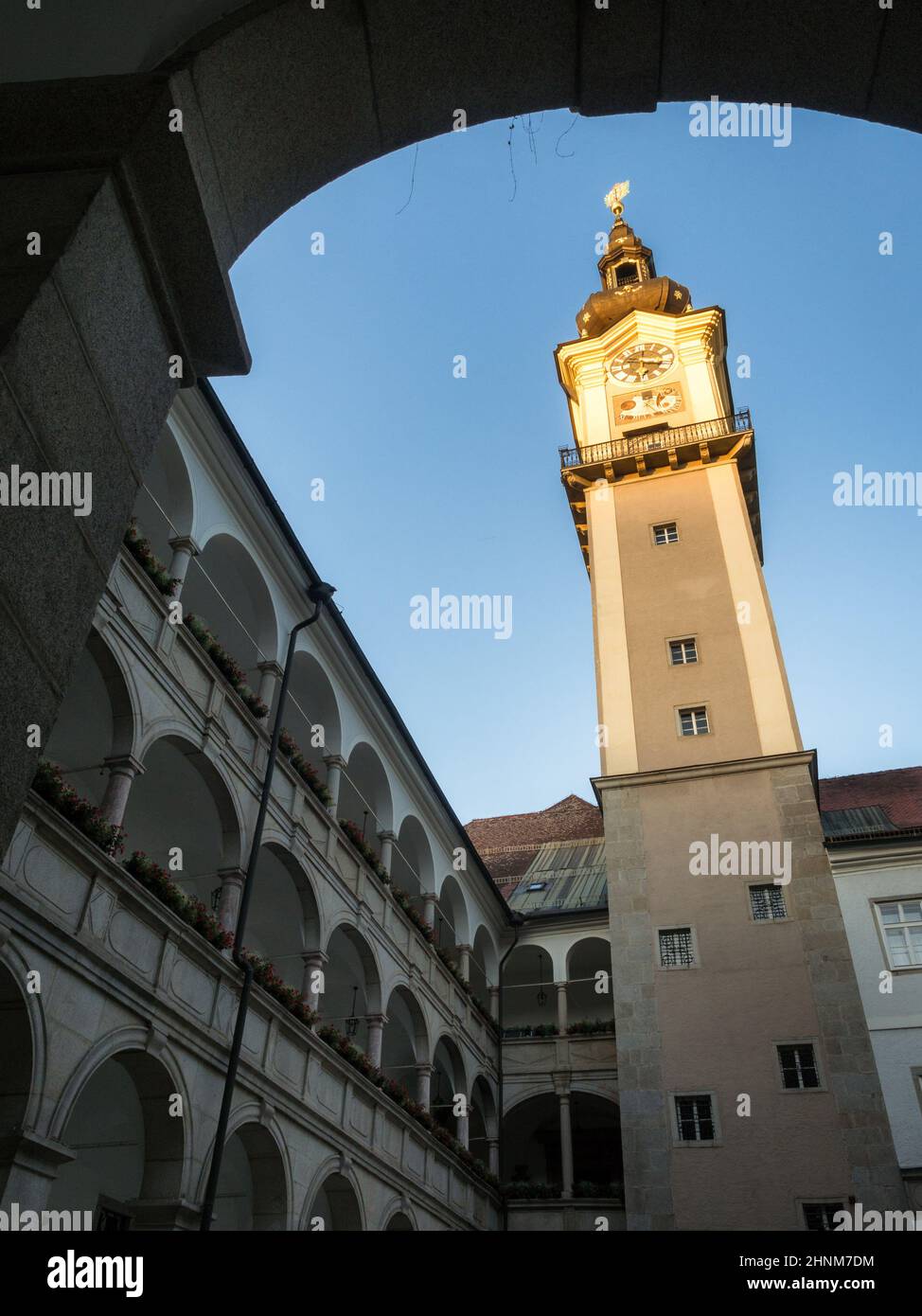 Linz Austria, Bell tower of the government landhaus Stock Photo