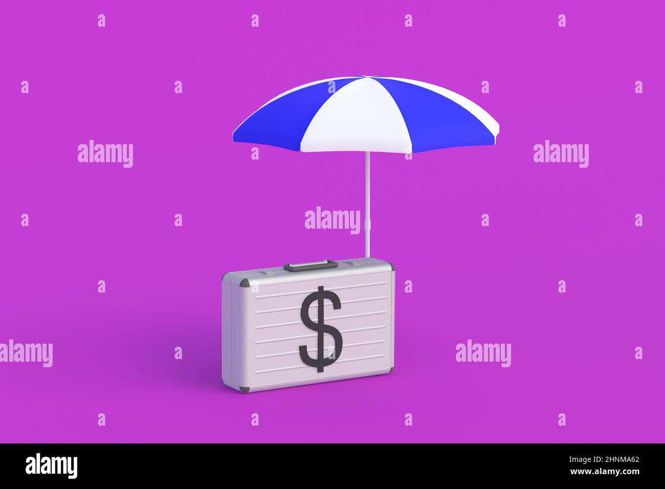 Suitcase with symbol of dollar near umbrella. Investment protection concept. Special conditions for keeping funds, servicing bank accounts. 3d render Stock Photo