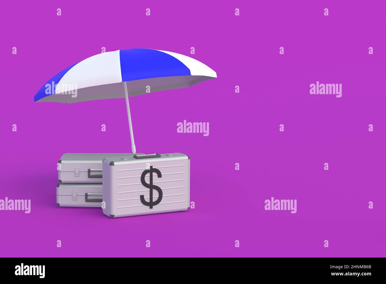 Suitcase with symbol of dollar near umbrella. Investment protection concept. Special conditions for keeping funds, servicing bank accounts. Copy space Stock Photo