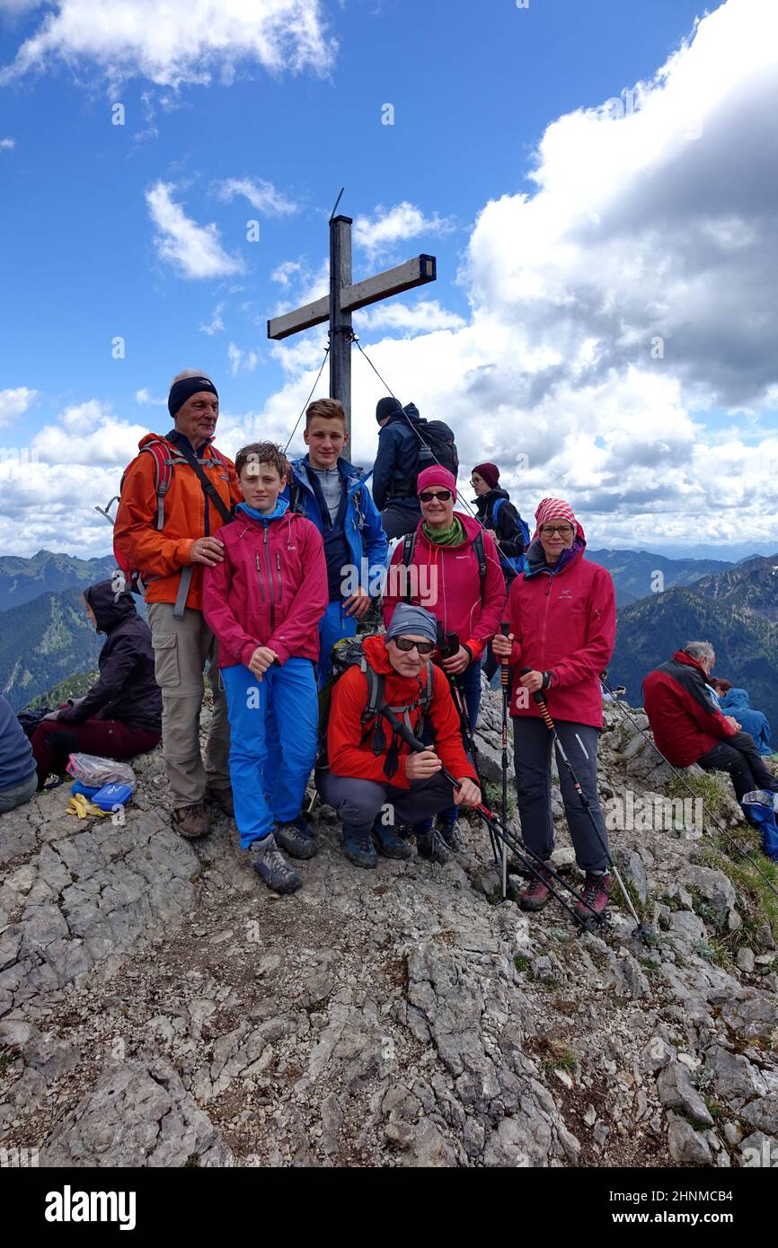 Germany, Bavaria, Upper Bavaria, Mangfall Moutains, Risserkogel, Family hike, Summit cross,  tourismn, trip, landscape, leisure Stock Photo